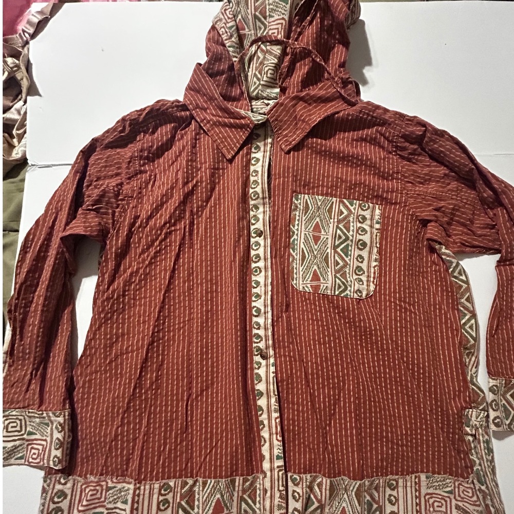 Blue Velvet Women Terracotta Tribal Print Hooded Button Down Shirt XL NWT Boho